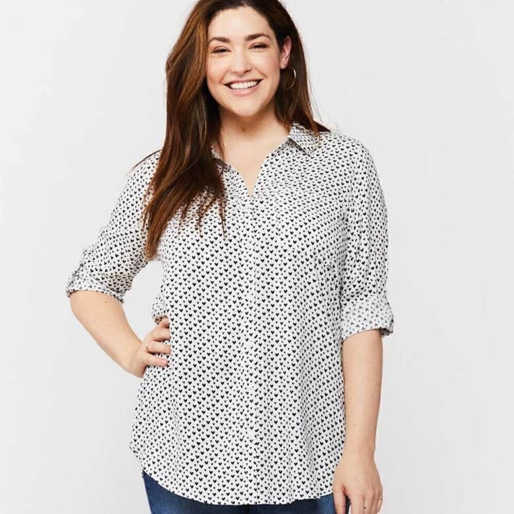 Velvet Heart 2X Elisa White Black Heart Print Long Sleeve Button Down Blouse